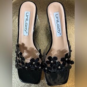 Unilady Black Floral Accent Clear Strap Mules